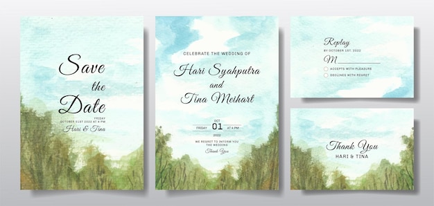 Vector watercolor wedding invitation set with sky and tree landscape