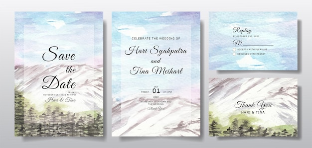 Vector watercolor wedding invitation set with sky and tree landscape