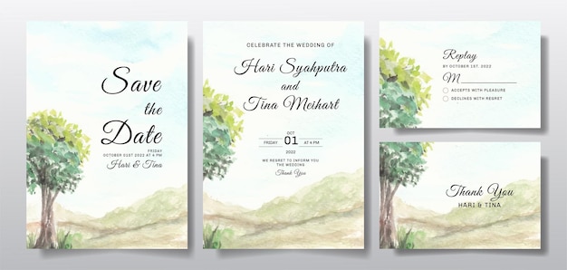 Watercolor wedding invitation set with sky and tree landscape
