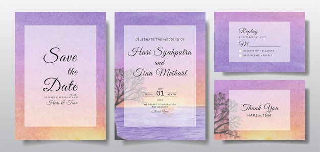 Watercolor wedding invitation set with sunset landscape