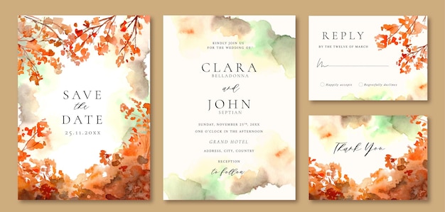 Vector watercolor wedding invitation template autumn leaves and abstract brown texture