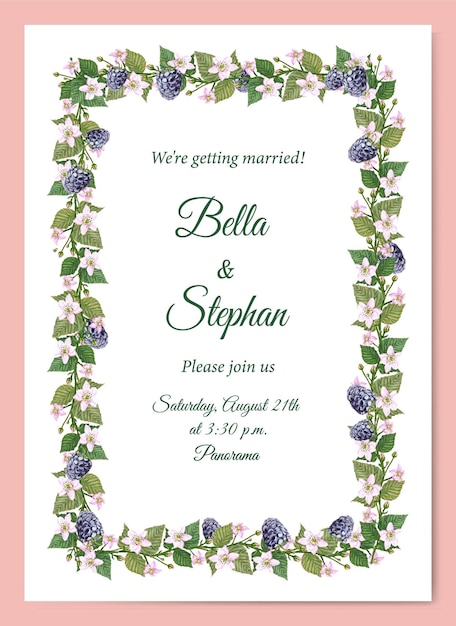 Watercolor wedding Invitation template. Floral frame