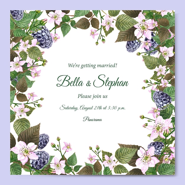 Watercolor wedding Invitation template. Floral square frame