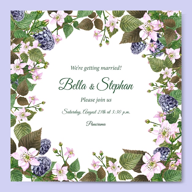 Watercolor wedding invitation template. floral square frame