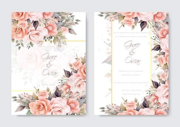 Vector watercolor wedding invitation template set with floral and leaves decoration