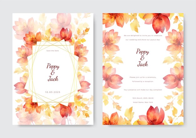 Watercolor wedding invitation template set with floral and leaves decoration