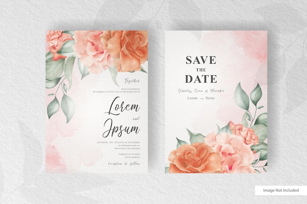 Watercolor wedding invitation template with beautiful floral and leaves