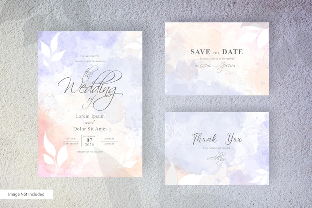 Watercolor wedding invitation template with simple floral and hand painted liquid watercolor