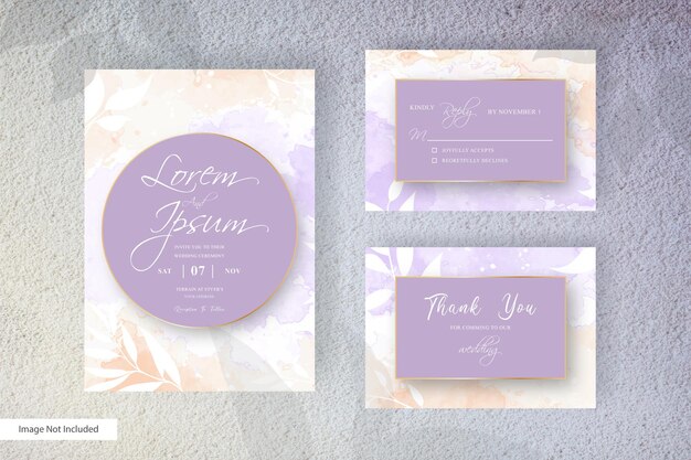 Watercolor wedding invitation template with simple floral and hand painted liquid watercolor