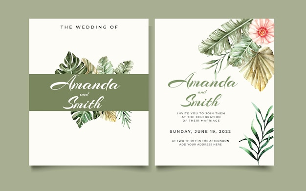 Vector watercolor wedding invitation  tropical leaves