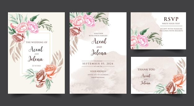 watercolor wedding invitation with abstract background and leaves and flower