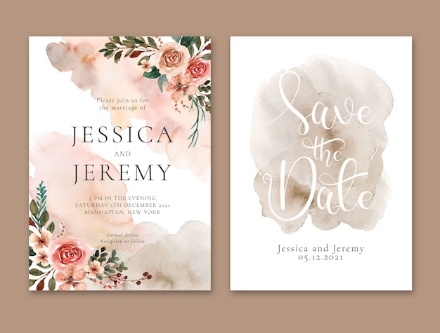 Vector watercolor wedding invitation with abstract terracota florals and stain