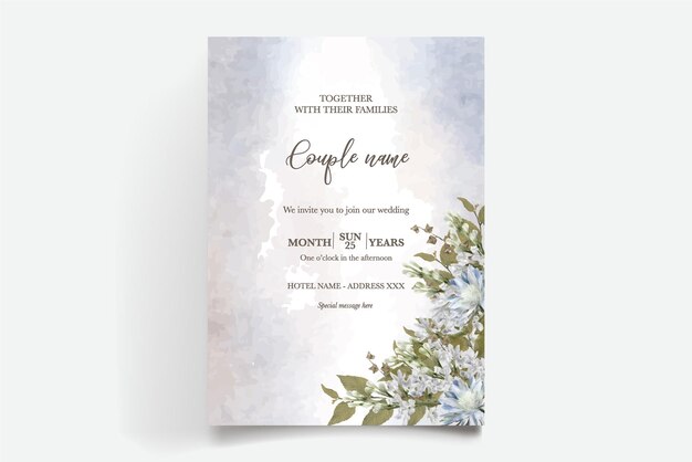 A watercolor wedding invitation with blue flowers.