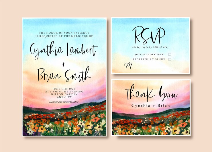 Watercolor Wedding Invitation with  Landscape Garden and Sunset Sky