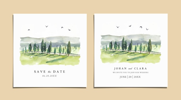 Watercolor wedding invitation with nature landscape