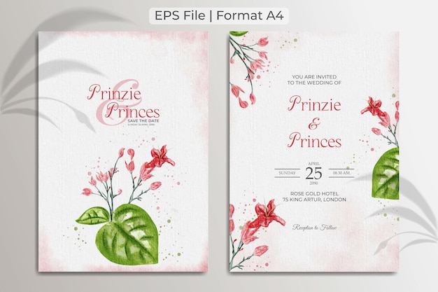 watercolor wedding invitation with red flowers green leaves