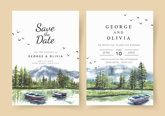 松林と湖のボートの反射と水彩の結婚式の招待状