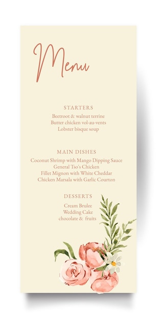 Vector watercolor wedding menu catalog