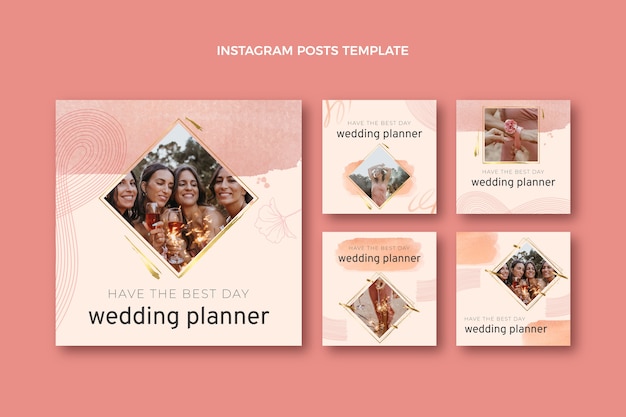 Vector watercolor wedding planner instagram post set