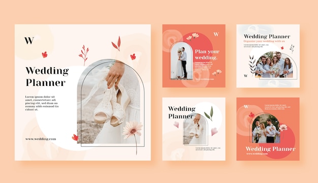 Vettore collezione di post di instagram di wedding planner dell'acquerello