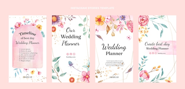 Vettore collezione di storie di instagram di wedding planner dell'acquerello