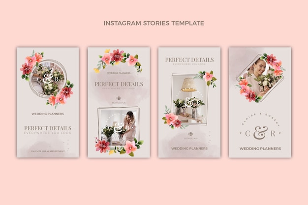 Vettore storie di instagram di wedding planner dell'acquerello