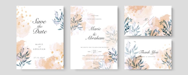 Watercolor wedding set. Set of card with leaves and golden geometric frame. Design with forest green orange watercolor, leaves, eucalyptus. Floral Trendy templates for banner, flyer, poster, greeting