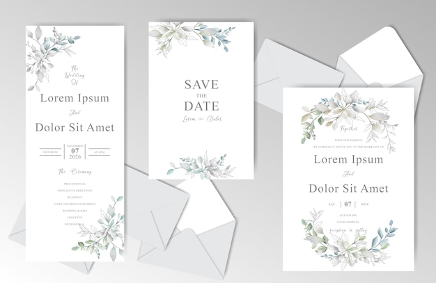 Watercolor Wedding Stationary Template Collection with Greenery Leaves