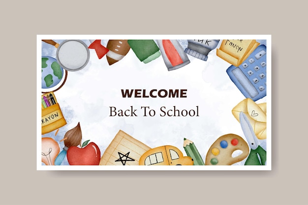 Vector watercolor welcome back to school supplies banner template