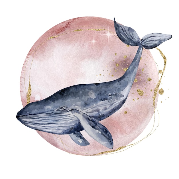 Vector watercolor whale with moon composition