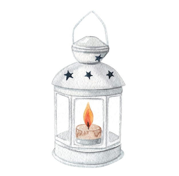 Watercolor white lantern with burning candle on white background