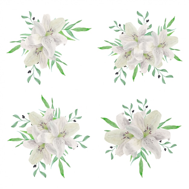 Watercolor white lily flower bouquet collection