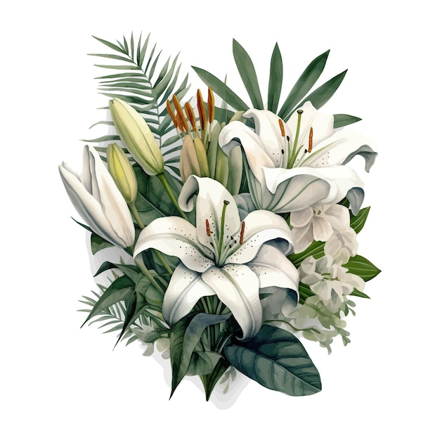 Watercolor white lily tropical flower arrangement illustration