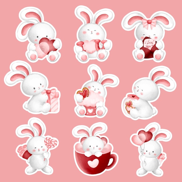 Watercolor white rabbit sticker set