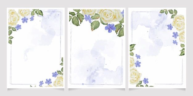 Watercolor white rose and plumbago flower bouquet wreath frame on indigo blue splash background