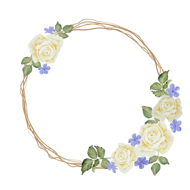 Watercolor white rose with plumbago with dry twig flower bouquet wreath round frame