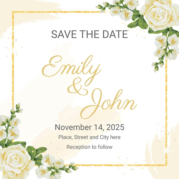 Watercolor white roses bouquet with golden luxury square frame wedding invitation card template