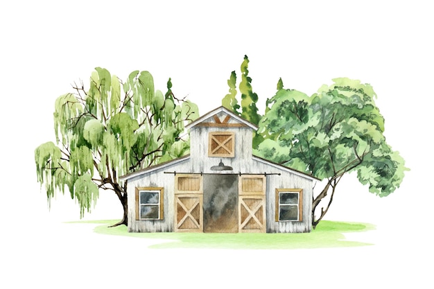 Watercolor white wooden barn summer green trees