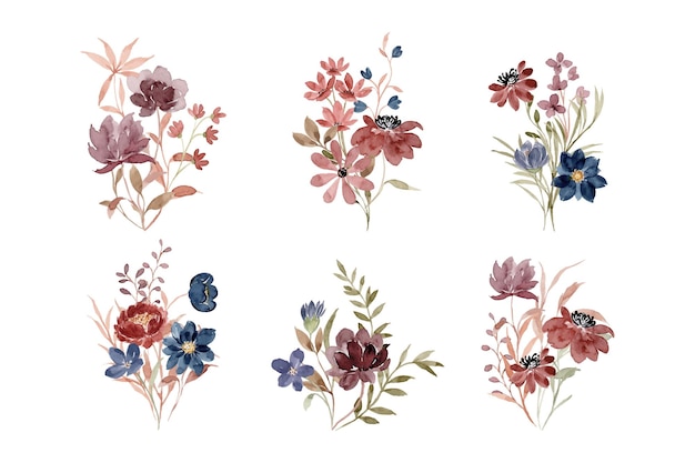 Vector watercolor wild flower bouquet collection