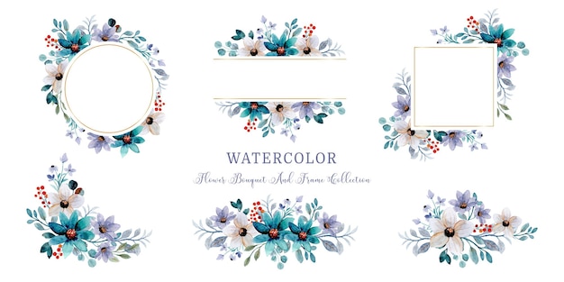 Watercolor wild flower bouquet and frame collection