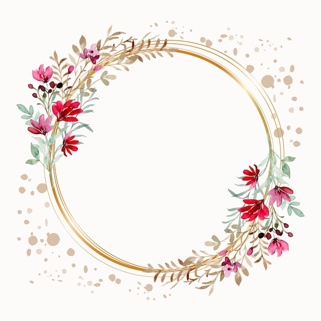 Watercolor wild flower wreath with gold circle