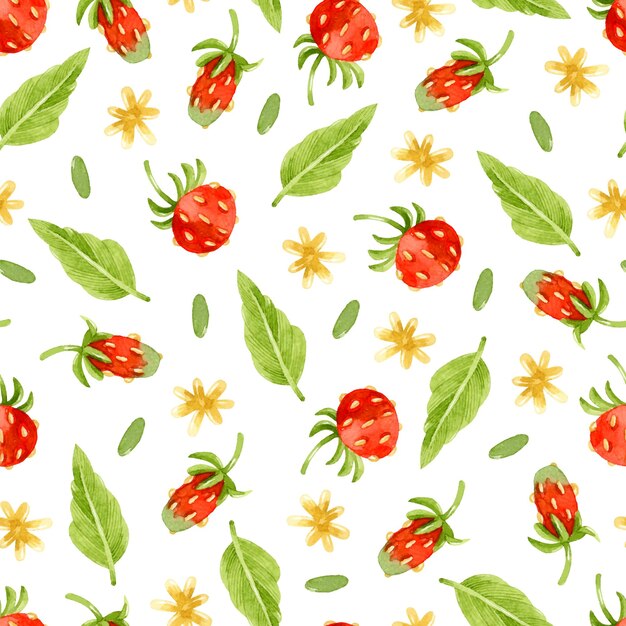 Watercolor wild strawberry leaves and yellow flowers seamless pattern