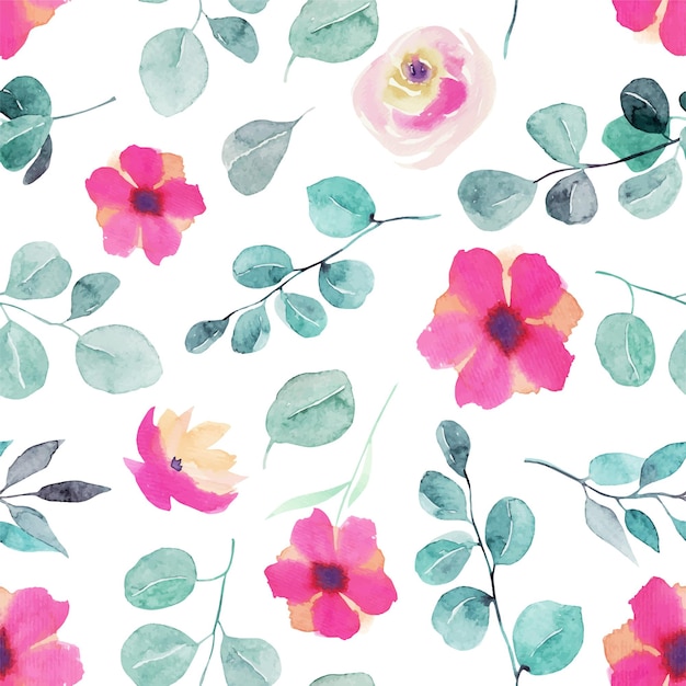 Watercolor wildflowers, pink roses, eucalyptus branches and leaves seamless pattern
