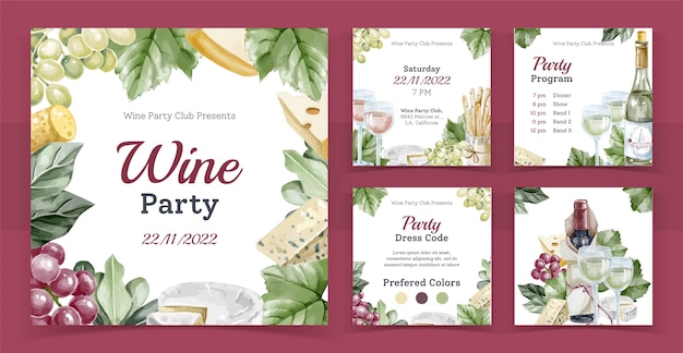 Vector watercolor wine party instagram post set