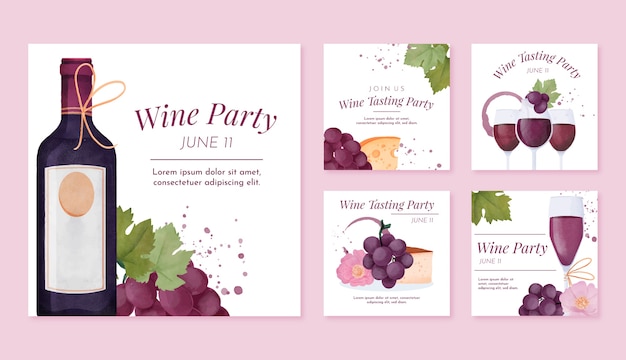 Vector watercolor wine party instagram posts template