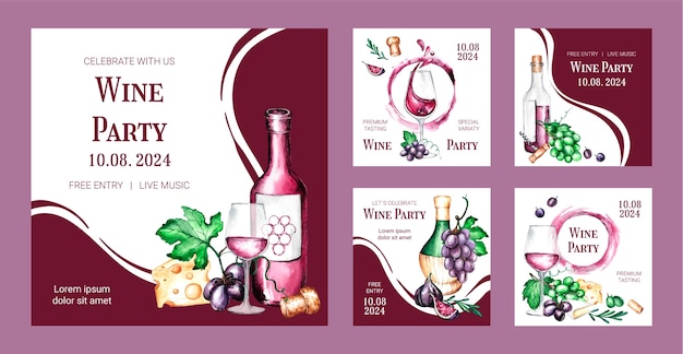 Vector watercolor wine party instagram posts