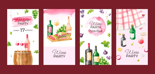 Vector watercolor wine party instagram stories