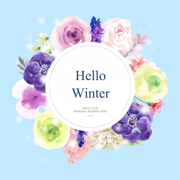 Vector watercolor winter bloom card with floral theme