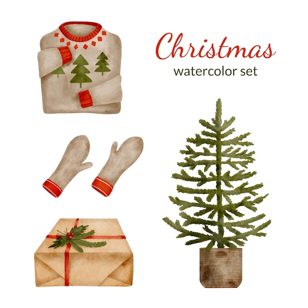 Vector watercolor winter celebration set with christmas tree sweater gloves and gift box