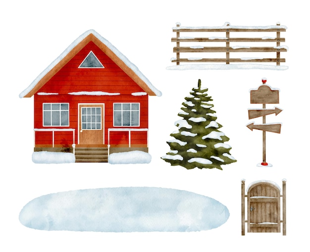 Vettore paesaggio della casa d'inverno dell'acquerello con albero di abete della neve della cabina di legno e recinzione